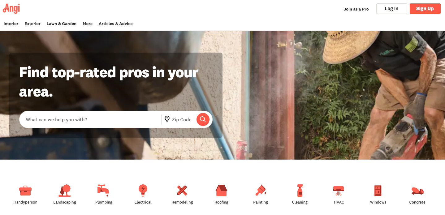 Screenshot of Angi's homepage