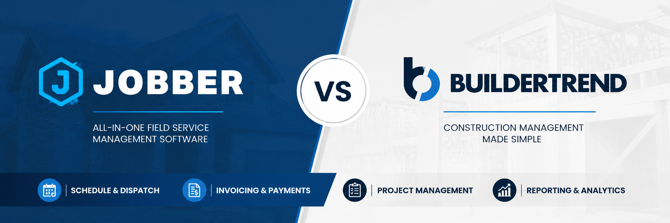 Comparison banner showing Jobber on the left and Buildertrend on the right with a central VS circle and bottom feature icons.
