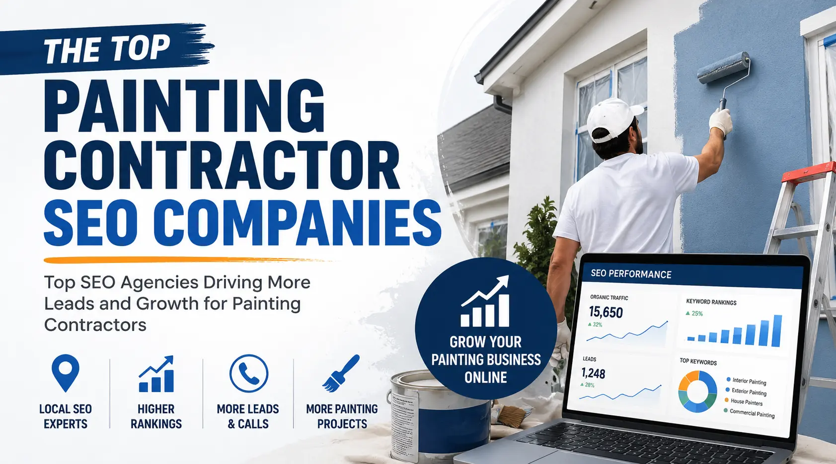 Marketing banner for painting contractor SEO services showing a painter painting a blue wall beside a laptop with analytics and bold headline text on the left.