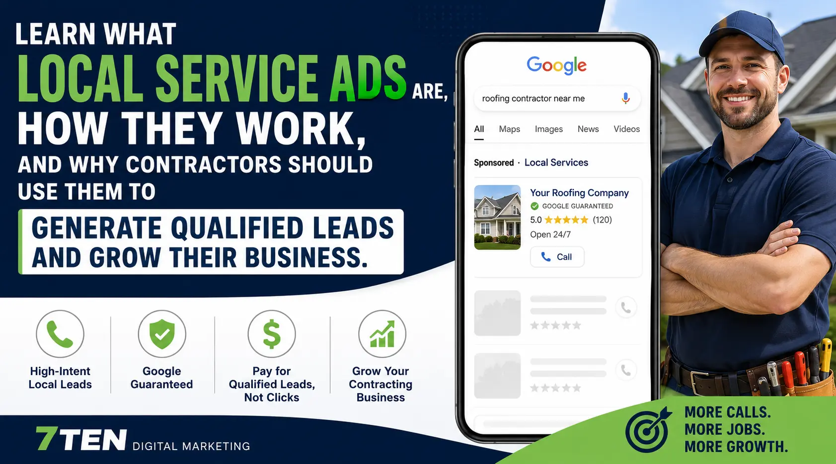 Advertising banner for local service ads: large green 'LOCAL SERVICE ADS' text with a smiling contractor on the right and a phone-like screen showing a roofing company listing.