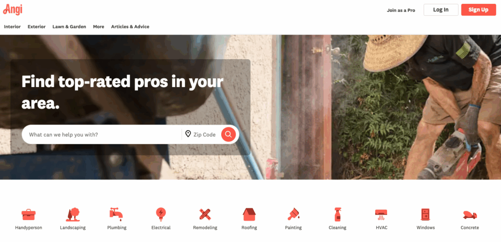 Screenshot of Angi's homepage
