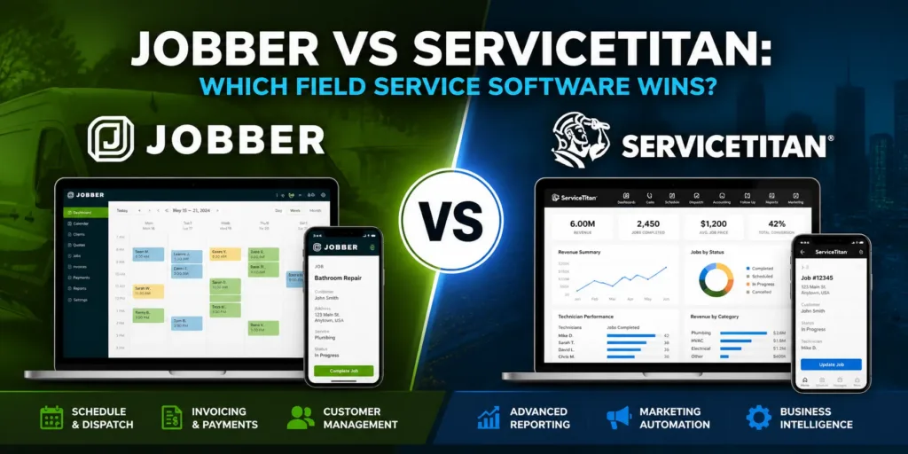 Split-screen hero comparing Jobber and ServiceTitan field service software with dashboards shown on laptops and phones.