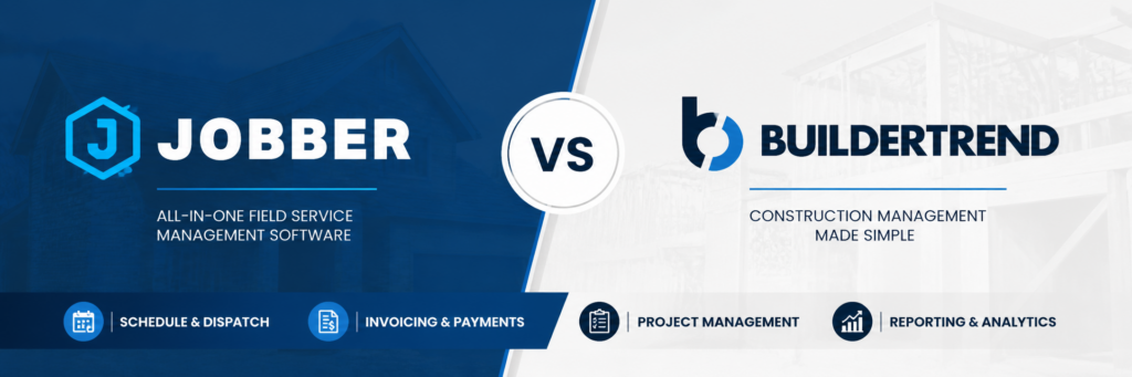 Comparison banner showing Jobber on the left and Buildertrend on the right with a central VS circle and bottom feature icons.