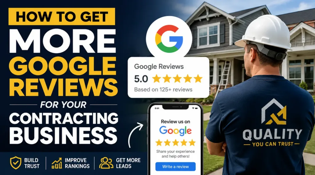 Poster-style image showing how to get more Google reviews for a contracting business; bold text and a 5.0 Google rating.