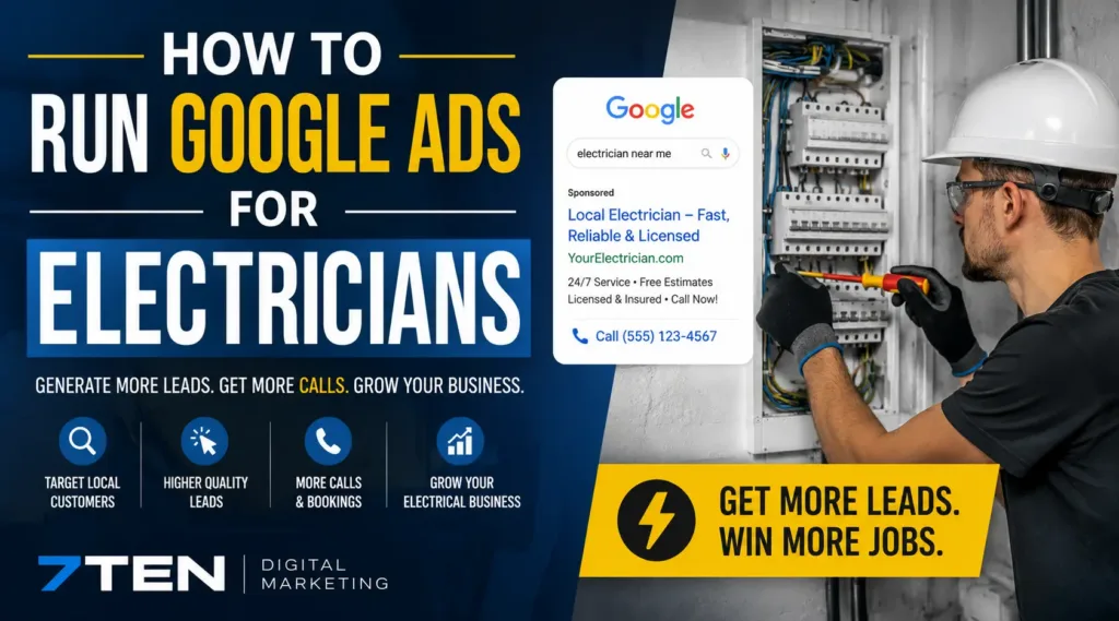 Banner ad for electricians: bold headline 'How to Run Google Ads for Electricians', electrician wiring a panel, TEN Digital Marketing logo nearby.
