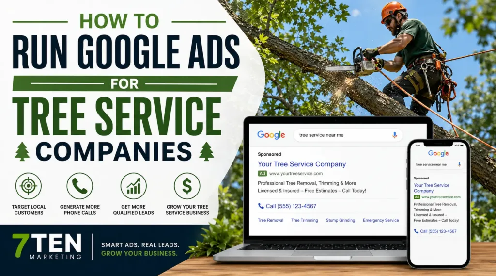 Banner for a marketing guide: 'How to Run Google Ads for Tree Service Companies' with a worker on a tree and a laptop/mobile showing Google search ads visualizations